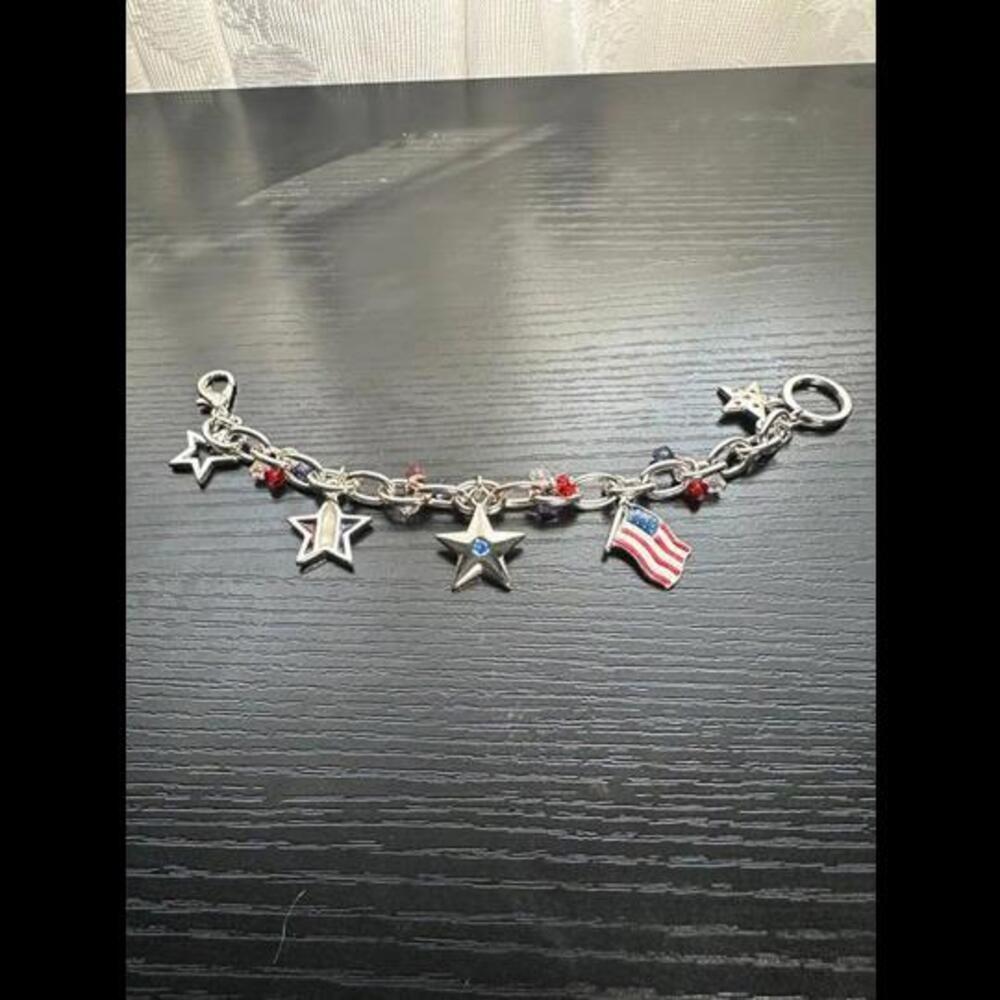 Patriotic USA Charm Bracelet - Stars & Flag Silver Chain with Red, White & Blue